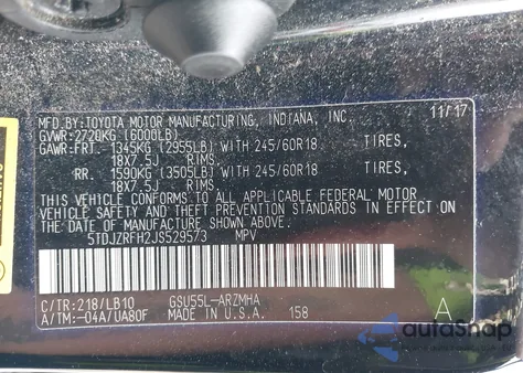 2018 Toyota Highlander Xle from USA, damaged, VIN 5TDJZRFH2JS529573